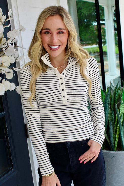 Classic Striped Ribbed Knit Button Front Henley Top