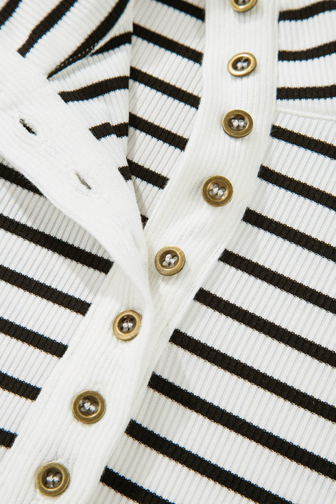 Classic Striped Ribbed Knit Button Front Henley Top