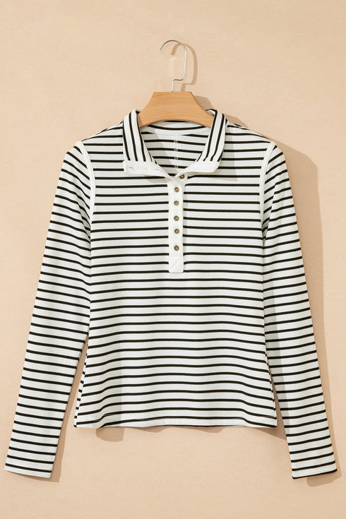 Classic Striped Ribbed Knit Button Front Henley Top