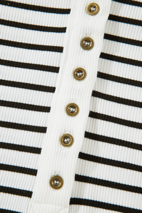 Classic Striped Ribbed Knit Button Front Henley Top