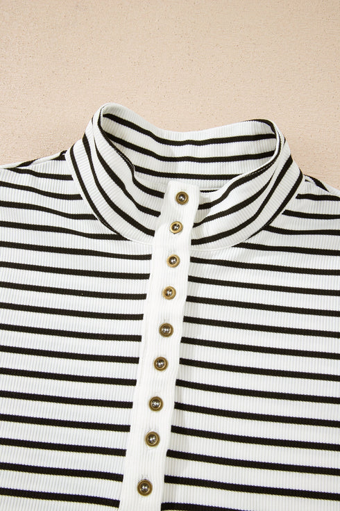 Classic Striped Ribbed Knit Button Front Henley Top