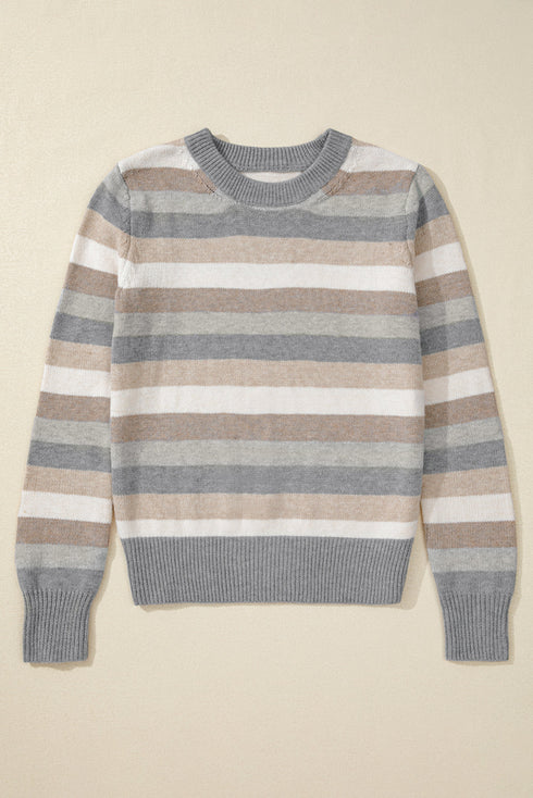 Classic Striped Ribbed Knit Long Sleeve Crewneck Sweater