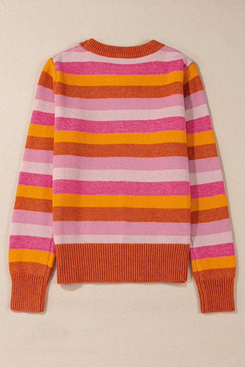 Classic Striped Ribbed Knit Long Sleeve Crewneck Sweater