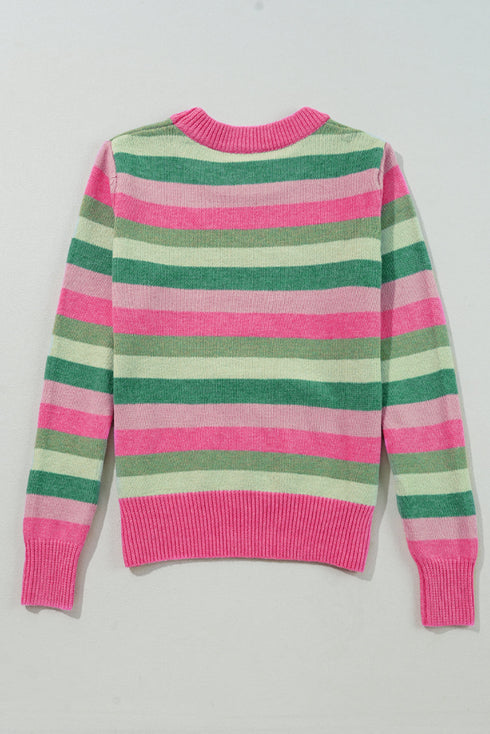 Classic Striped Ribbed Knit Long Sleeve Crewneck Sweater