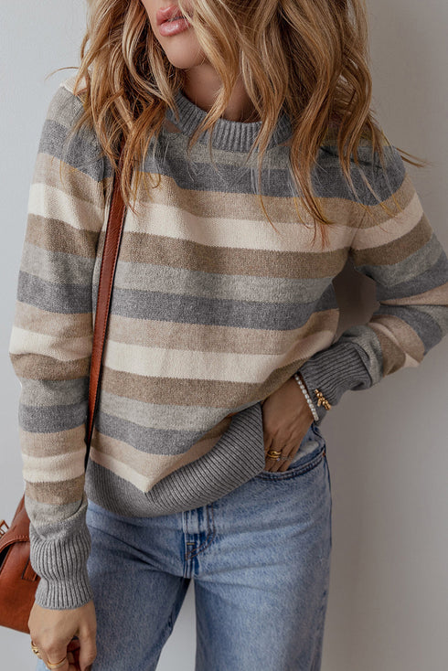 Classic Striped Ribbed Knit Long Sleeve Crewneck Sweater