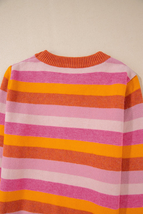 Classic Striped Ribbed Knit Long Sleeve Crewneck Sweater
