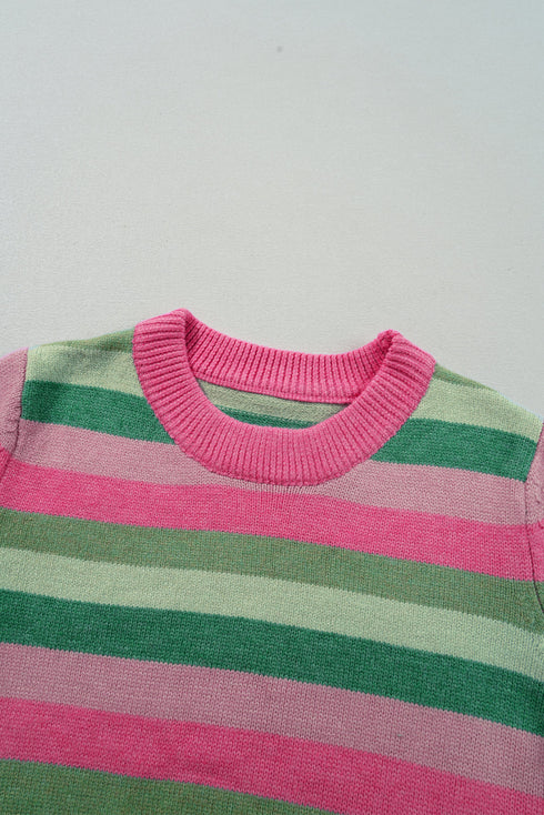 Classic Striped Ribbed Knit Long Sleeve Crewneck Sweater