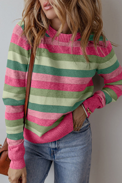 Classic Striped Ribbed Knit Long Sleeve Crewneck Sweater