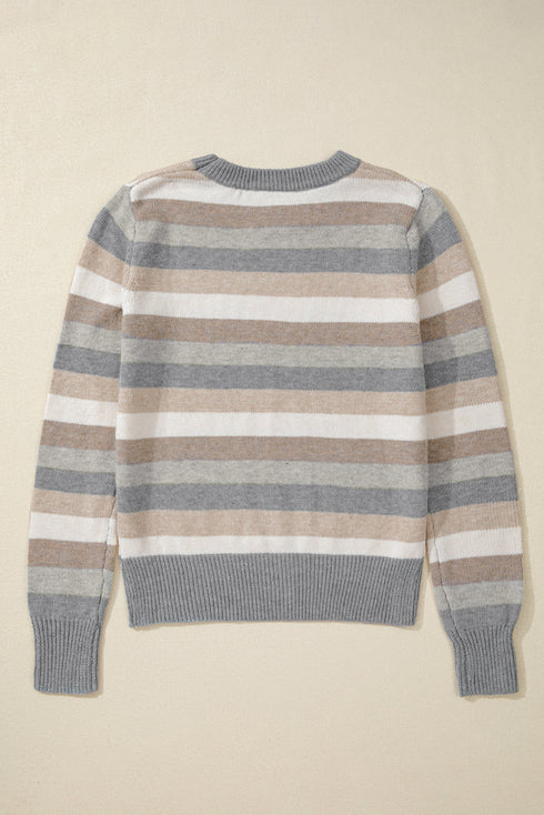Classic Striped Ribbed Knit Long Sleeve Crewneck Sweater