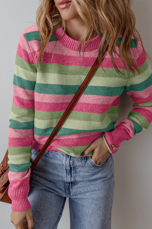 Classic Striped Ribbed Knit Long Sleeve Crewneck Sweater