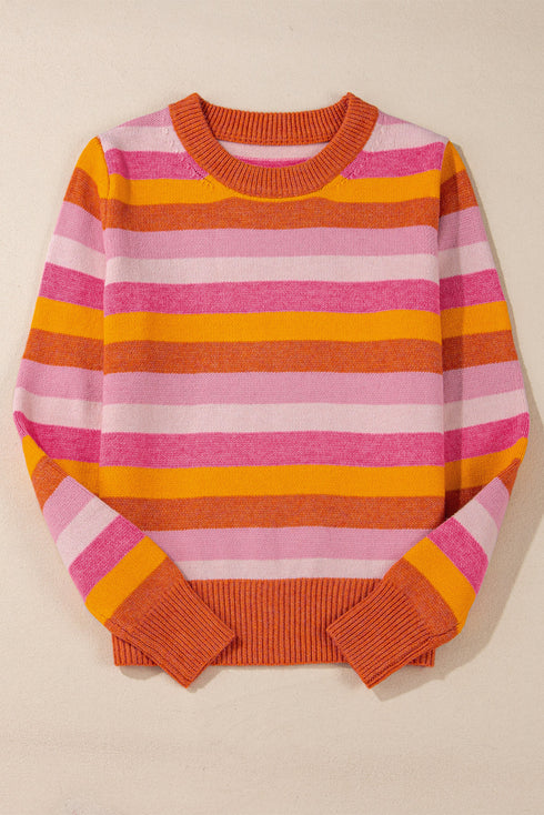 Classic Striped Ribbed Knit Long Sleeve Crewneck Sweater