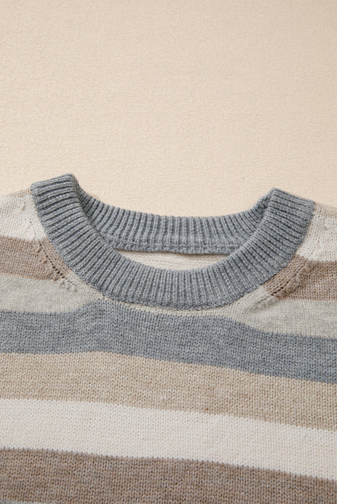 Classic Striped Ribbed Knit Long Sleeve Crewneck Sweater