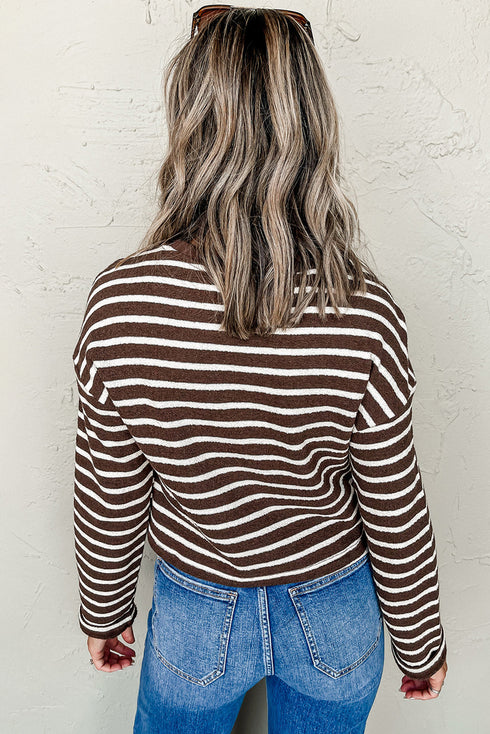 Classic Striped Ribbed Knit Long Sleeve Cropped Pullover