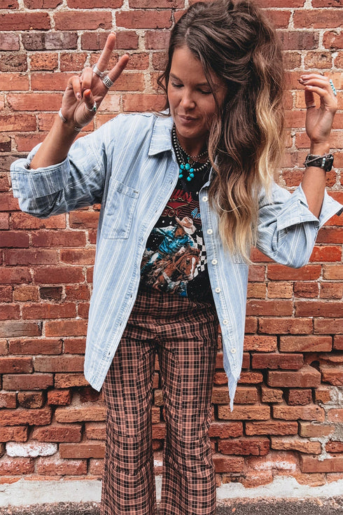 Classic Striped Western Boyfriend Chest Pocket Denim Jacket