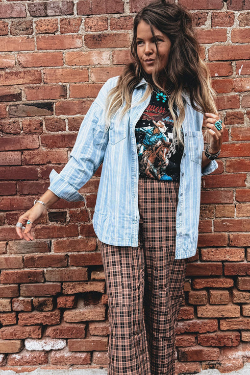 Classic Striped Western Boyfriend Chest Pocket Denim Jacket