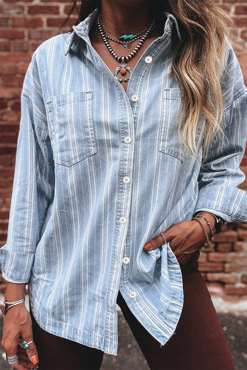 Classic Striped Western Boyfriend Chest Pocket Denim Jacket