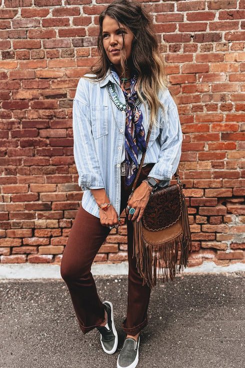 Classic Striped Western Boyfriend Chest Pocket Denim Jacket