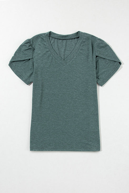 Classic V Neck Petal Sleeve Soft Knit T Shirt