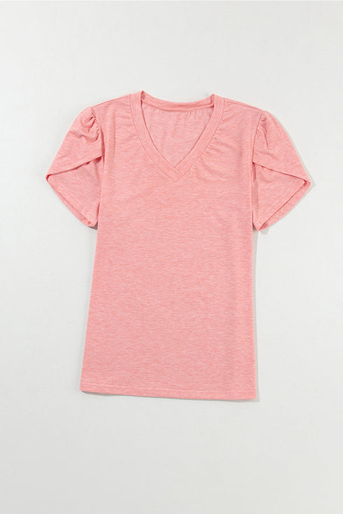 Classic V Neck Petal Sleeve Soft Knit T Shirt
