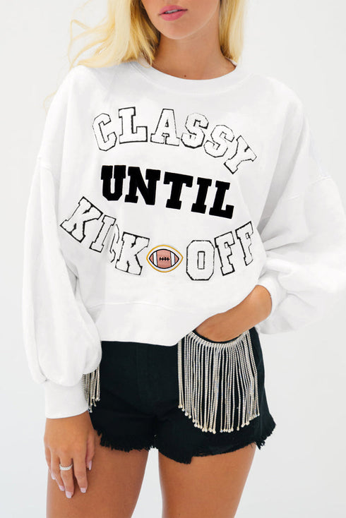 Classy Until Kickoff Chenille Letter Patch Drop Shoulder Crewneck Oversized Sweatshirt