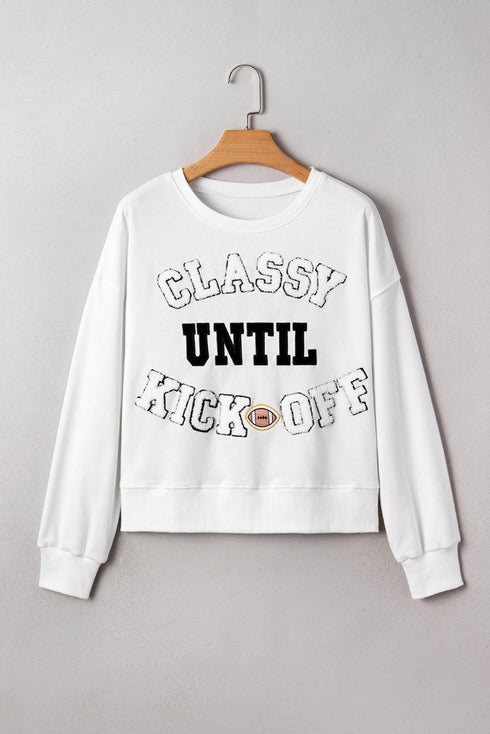 Classy Until Kickoff Chenille Letter Patch Drop Shoulder Crewneck Oversized Sweatshirt