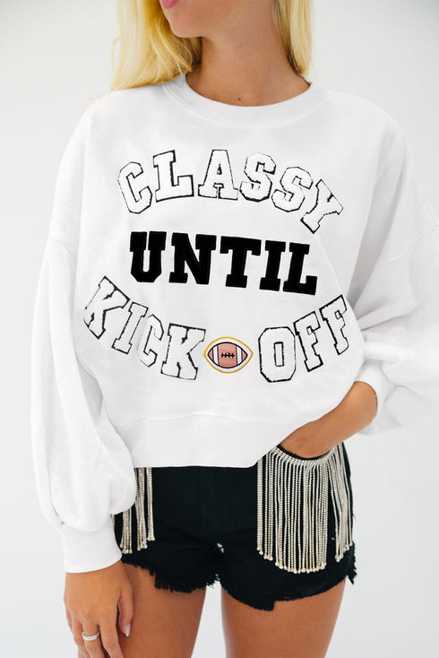 Classy Until Kickoff Chenille Letter Patch Drop Shoulder Crewneck Oversized Sweatshirt