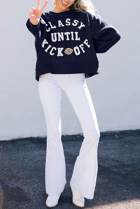 Classy Until Kickoff Chenille Letter Patch Drop Shoulder Crewneck Oversized Sweatshirt