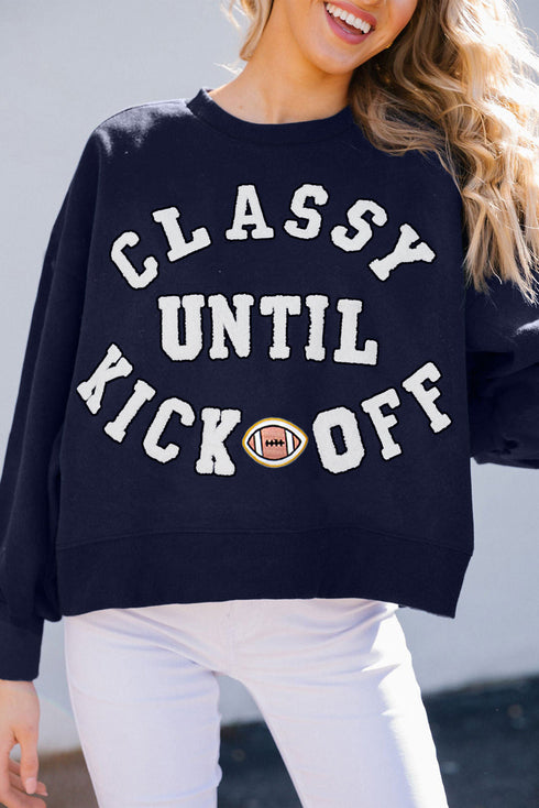 Classy Until Kickoff Chenille Letter Patch Drop Shoulder Crewneck Oversized Sweatshirt