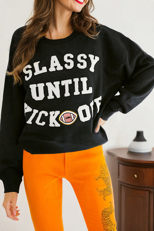 Classy Until Kickoff Chenille Letter Patch Drop Shoulder Crewneck Oversized Sweatshirt