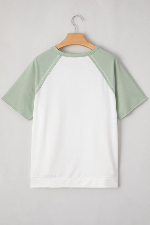 Clearly Aqua Colorblock Raglan Short Sleeve Half Buttons High Low T Shirt