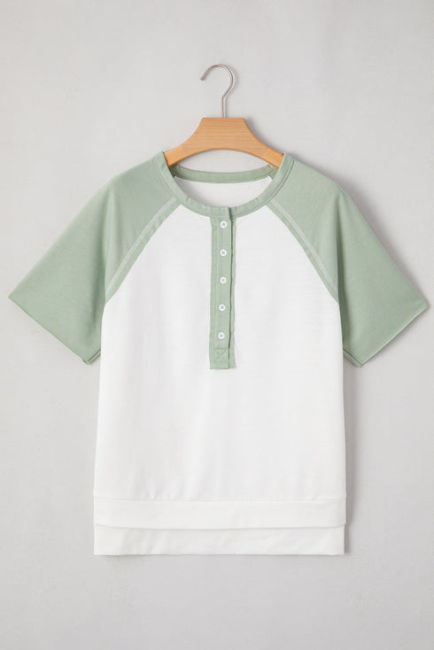 Clearly Aqua Colorblock Raglan Short Sleeve Half Buttons High Low T Shirt