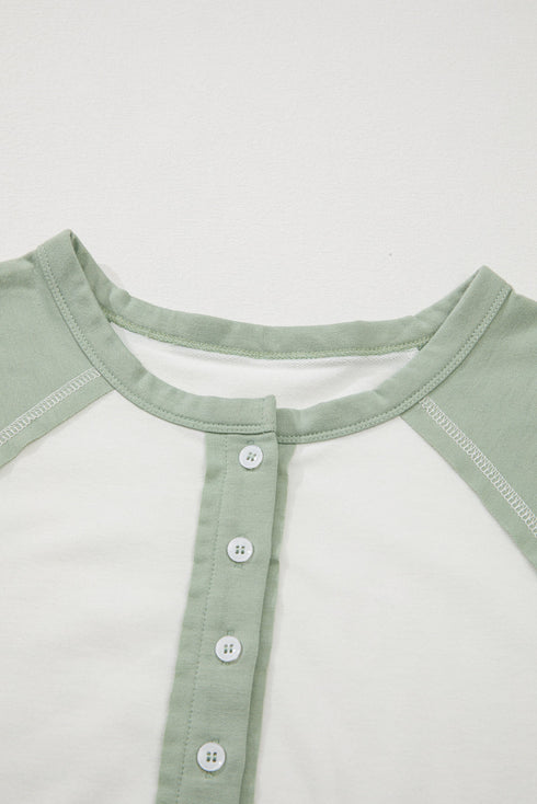 Clearly Aqua Colorblock Raglan Short Sleeve Half Buttons High Low T Shirt