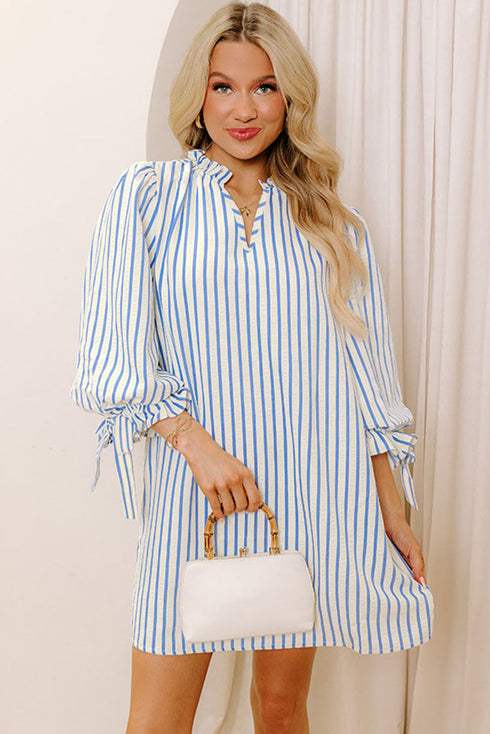 Coastal Striped Ruffle Neck Tie Cuff Bracelet Sleeve Shift Dress