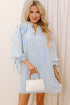 Coastal Striped Ruffle Neck Tie Cuff Bracelet Sleeve Shift Dress