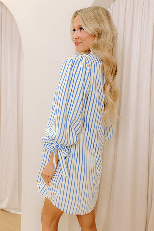 Coastal Striped Ruffle Neck Tie Cuff Bracelet Sleeve Shift Dress