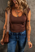 Coffee Solid Color U Neck Slim Fit Tank Top