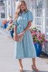Collared Button Down Bubble Sleeve Western Denim Midi Dress