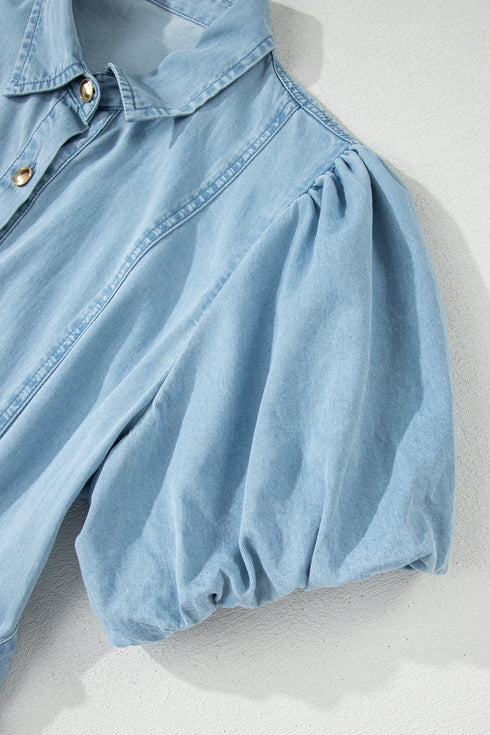Collared Button Down Bubble Sleeve Western Denim Midi Dress