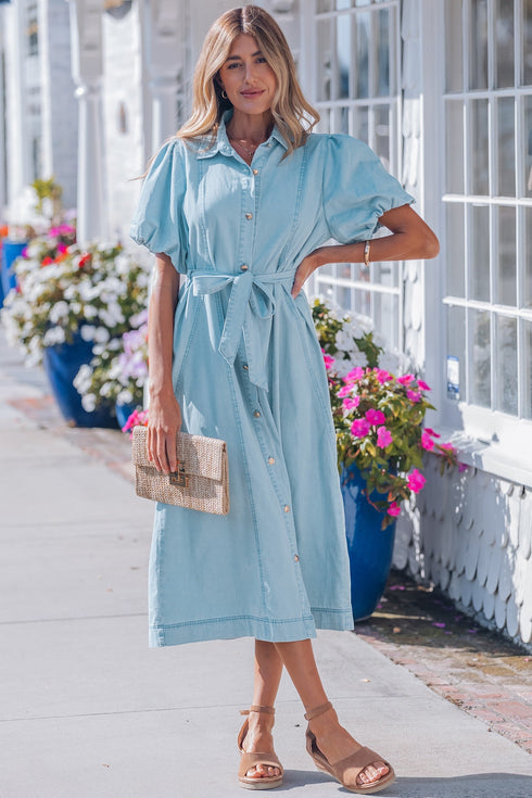 Collared Button Down Bubble Sleeve Western Denim Midi Dress