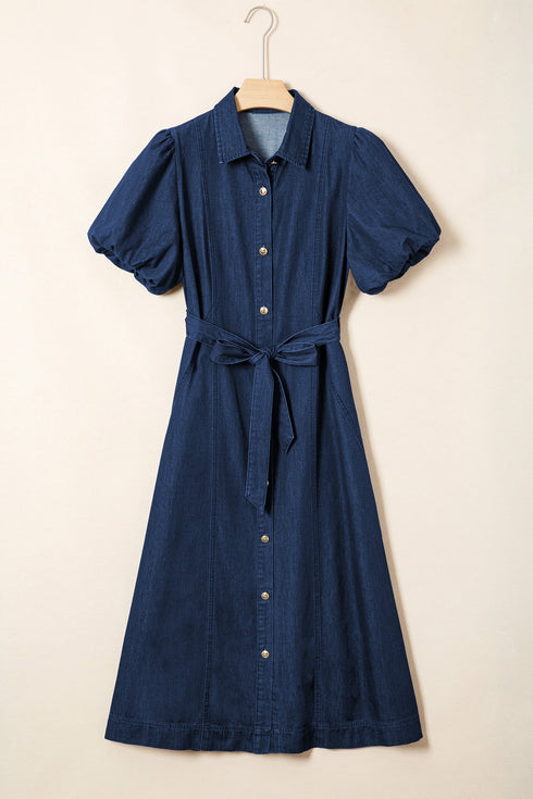 Collared Button Down Bubble Sleeve Western Denim Midi Dress