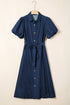Collared Button Down Bubble Sleeve Western Denim Midi Dress