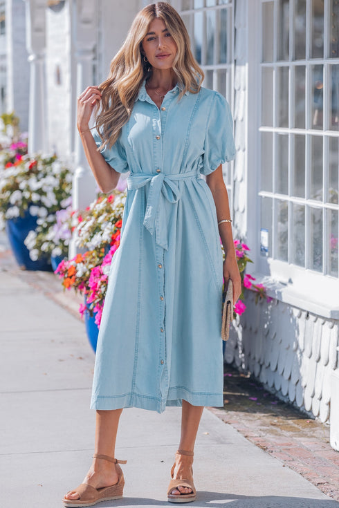 Collared Button Down Bubble Sleeve Western Denim Midi Dress