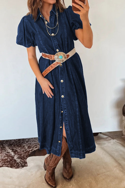 Collared Button Down Bubble Sleeve Western Denim Midi Dress