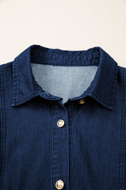 Collared Button Down Bubble Sleeve Western Denim Midi Dress