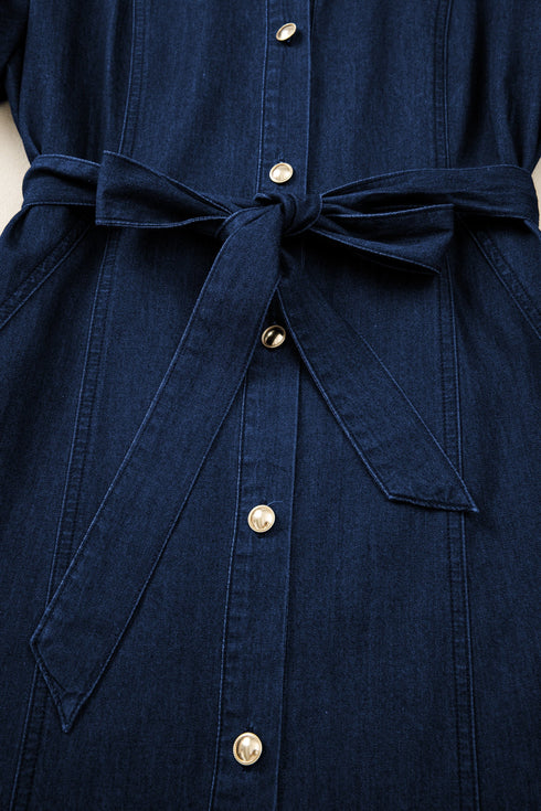 Collared Button Down Bubble Sleeve Western Denim Midi Dress