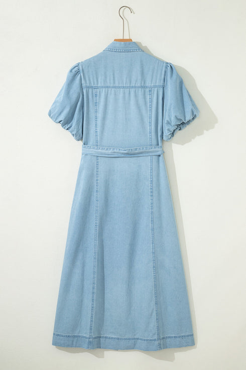 Collared Button Down Bubble Sleeve Western Denim Midi Dress