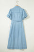 Collared Button Down Bubble Sleeve Western Denim Midi Dress