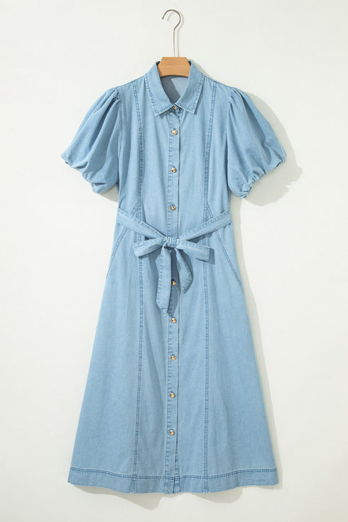 Collared Button Down Bubble Sleeve Western Denim Midi Dress