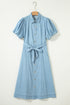 Collared Button Down Bubble Sleeve Western Denim Midi Dress