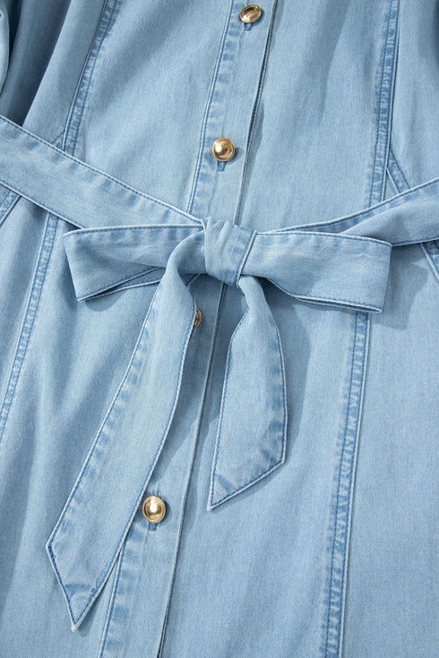 Collared Button Down Bubble Sleeve Western Denim Midi Dress
